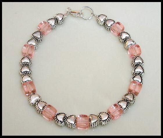 Cute Pink Cube Beaded Bracelet Silver Tibetan Heart