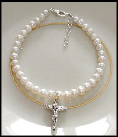 1st First Communion Gift Bracelet ~ Freshwater Pearl Sterling Silver Crucifix