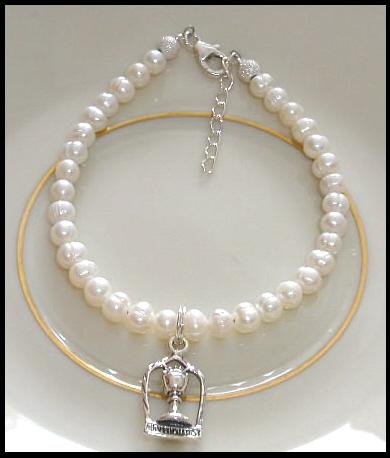 1st First Communion Gift Bracelet w/ Chalice ~ Sterling Silver, White Freshwater Pearls