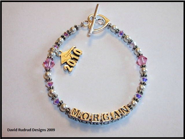 2011 Senior Grad Gift Jewelry Name Bracelet Swarovski Crystal & Pearl Graduation