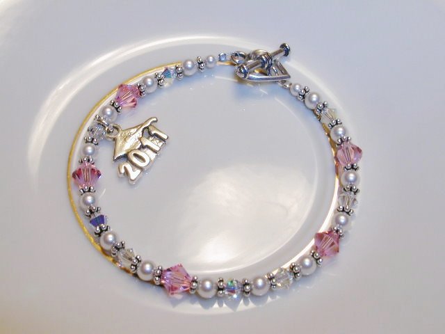 2013 Graduation Gift Bracelet ~ Grad Senior Jewelry ~ Silver Swarovski Crystal and Pearl