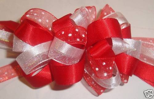 NEW 2 MATCHING RED, WHITE LOOPY GIRLS HAIR BOWS CLIPS
