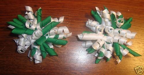 New Set of 2 Girls Korker green white HAIR BOWS CLIPS