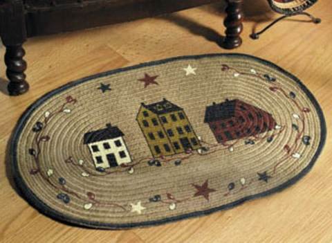 Primitive Salt Box Village Oval Braided Accent Rug---NEW