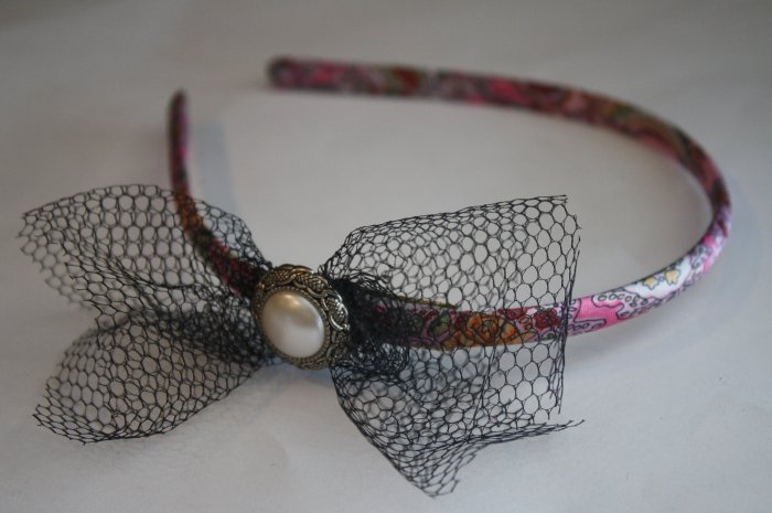 Vintage Black Tulle Bow on Printed Headband