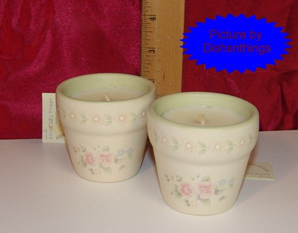 Pfaltzgraff TEA ROSE 2 Green Flowerpot Vanilla Candles