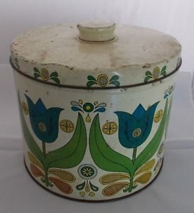 MID-CENTURY VINTAGE TIN BISQUICK CANISTER - TULIPS & BISQUICK RECIPES