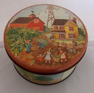 Collectible Vintage Round Tin Can Canister FARM BARN GARDEN COUNTRY