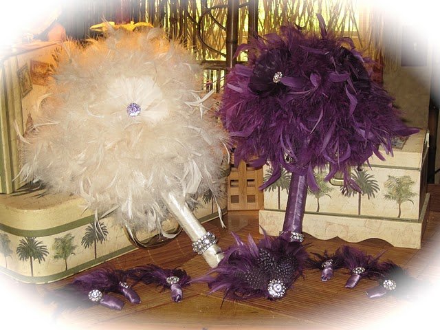 Whimsical Ivory Feather Wedding Bridal Bouquet & FREE Groom Boutonniere