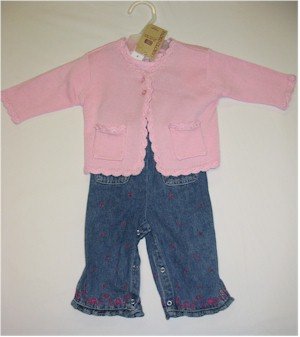 3-6 month jean overalls with pink short sleeve shirt and pink sweater