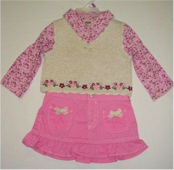 12 month pink floral shirt with beige vest and pink skirt