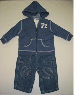 3-6 month jean overalls with white shirt and blue hooded jacket