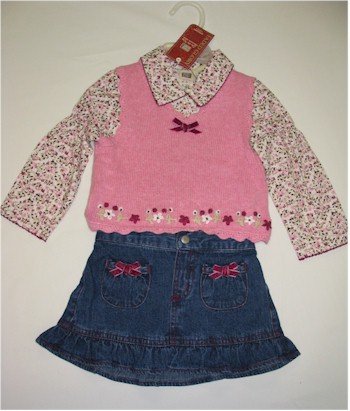 18 month jean skirt with pink sweater vest and floral shirt