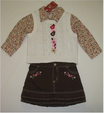18 month brown skirt, brown floral shirt, off white sweater vest
