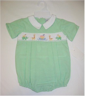 9 month green one piece jumper with smocking of Noah's Ark