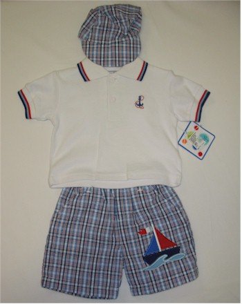 12 month white sailor shirt, blue/white/red plaid shorts and matching hat