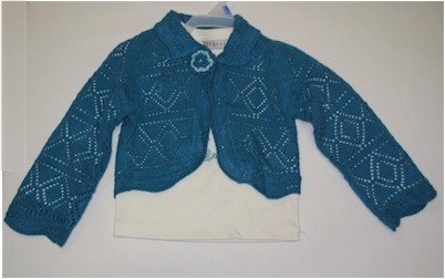 24 month teal blue crochet sweater and off white shirt