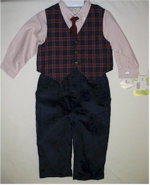 18 month boys suit with pink striped shirt, plaid vest and navy corduroy pants