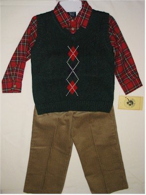 3T red plaid shirt with green vest and brown corduroy pants