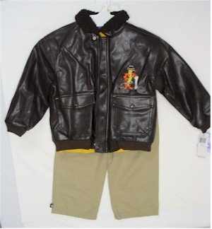 4T Tigger leather jacket, yellow shirt, khaki colored pants