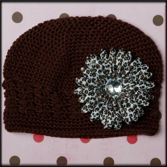 Chocolate Brown Beanie w/ Leapord Rhinestone Gerbera Daisy