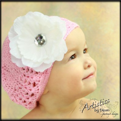 Pink Crochet Beanie with a White Rhinestone Centered Peony clip