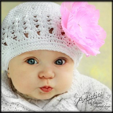 White Crochet Beanie with Pink Rhinestone Flower Clip