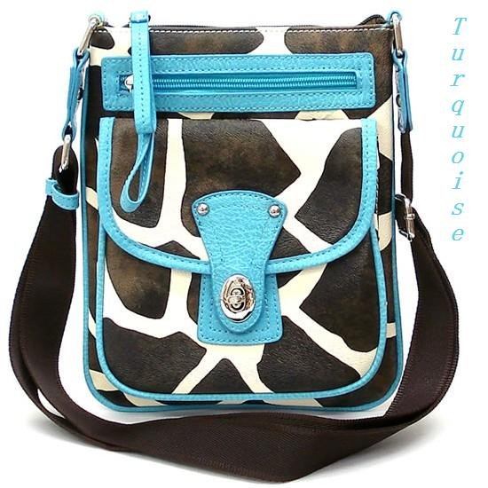 Giraffe Print Messsenger Style Handbag Purse, Turquoise (122-1167)