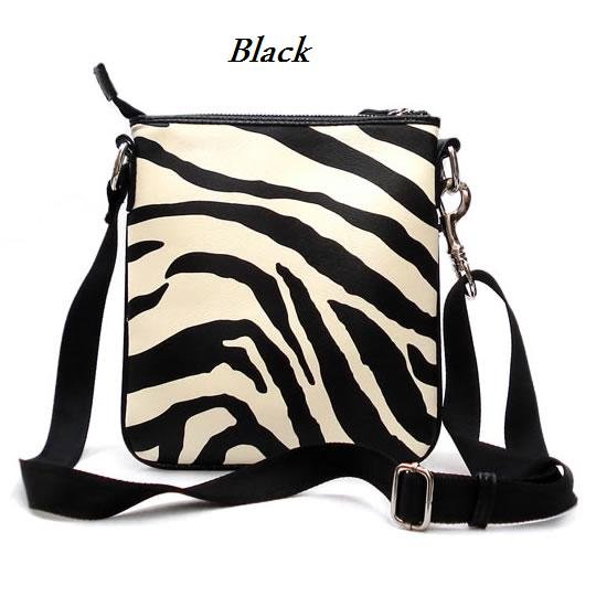 Zebra Print Messsenger Style Handbag Purse, Black (120-1891)