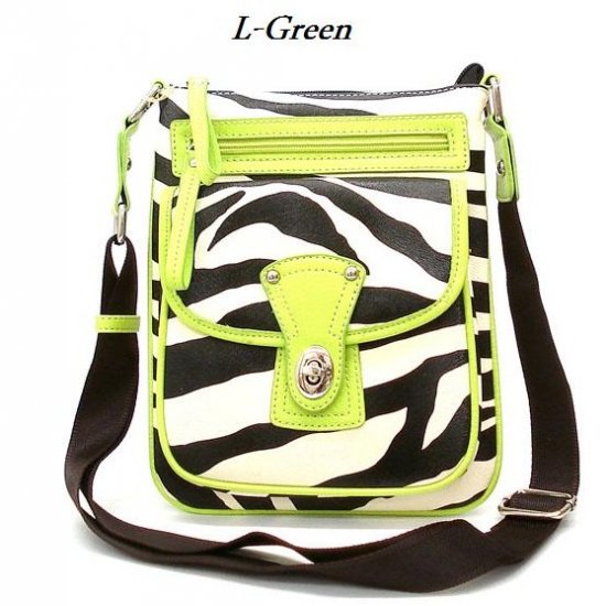 Zebra Print Messsenger Style Handbag Purse, Green (120-1167)