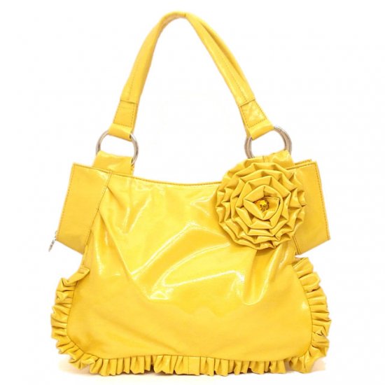Yellow Flower Accents Ruched Handbag Purse