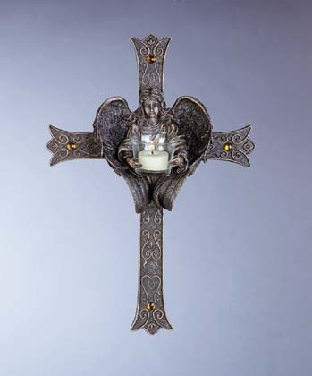 Antique-Look Cross with Angel Candle Holder (Item # 33528)