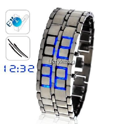 Stainless Silver Steel LED Blue Digital Unsex Bracelet Watch