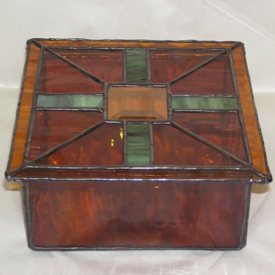 Glass Jewelry Box - Amber Green and Clear Bevel
