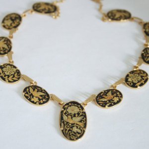 #60 - Vintage Damascene necklace. Birds. Gold and black