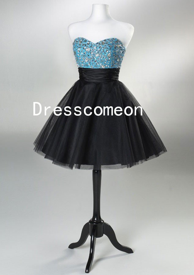 A-line Short/Mini Silver Beading Bodice Black Tulle Cocktail Dress(MD043)