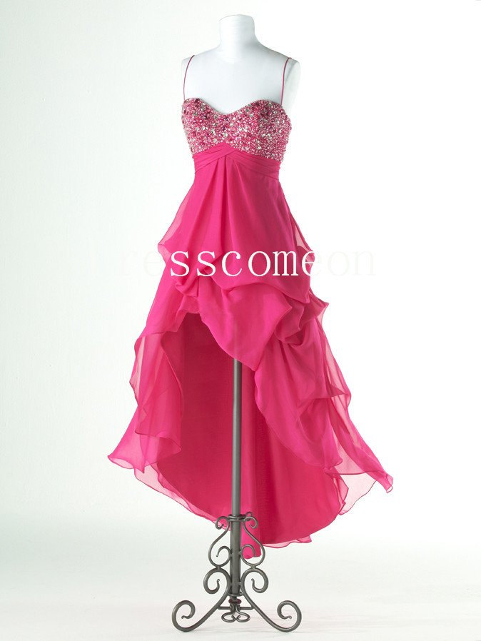 High-Low Spaghetti Straps Beading Sexy Prom Dress(MD053)