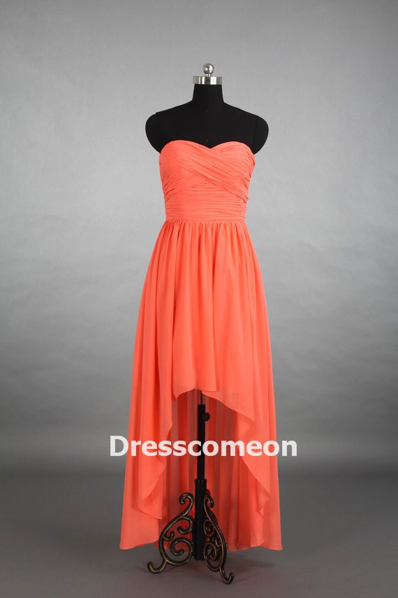 Custom Made Coral High-Low Sweetheart Bridesmaid Dress, Asymmetrical Bridesmaid Dress , Prom Dress