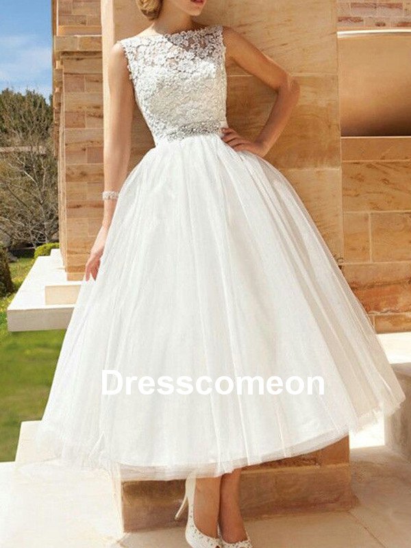Custom Made Tea Length Lace Wedding Dress,Lace Beach Wedding Gown,Short Wedding Dress