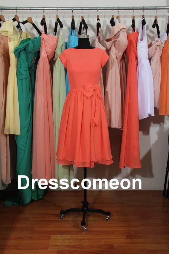 Custom Made Chiffon Scoop Short Bridesmaid Dress, Short Sleeves Prom Dress ,Prom Dress