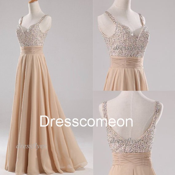 Custom Made A-line Straps Beading Sweetheart Champagne Prom Dress,Beading Homecoming Dress