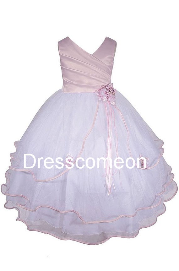 White Wavy Bottom Dress with PINK Sash Flower Girl Dress