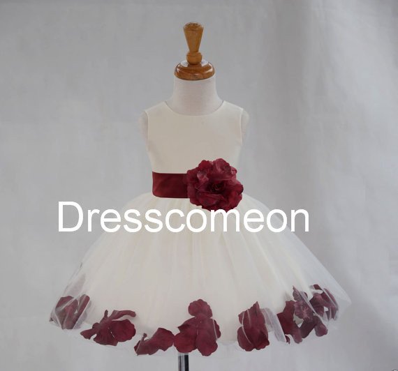 WHITE flower girl dress wedding formal pageant rose petals tea- Length Flower girl dressess