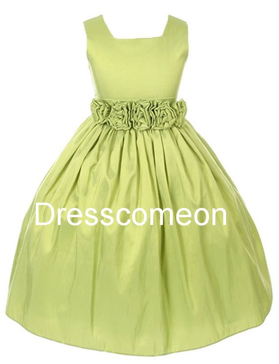Custom Empire Square Neck Long Taffeta Flower Girl Dress,Communion Pageant Dress