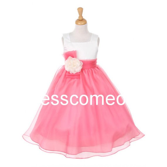 Custom Made Square Two Colors Flower Girl Dress,Long Organza Communion Pageant Dress