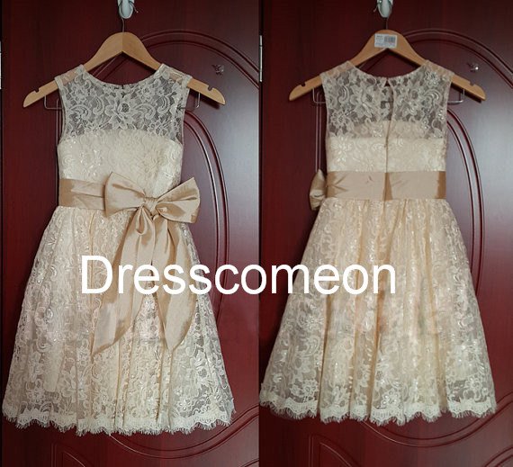 Custom Made Scoop Knee-length Lace Flower Girl Dress with Sequins and Bowknot