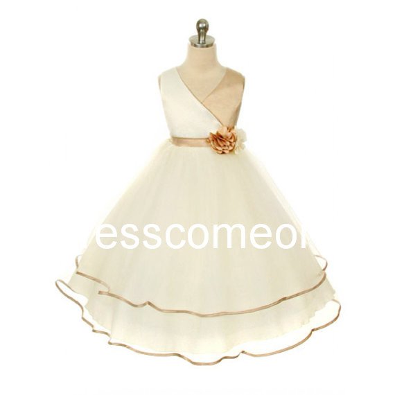 Custom Made V-neck Long Organza Flower Girl Dress with flower, Special Flower Girl Dress