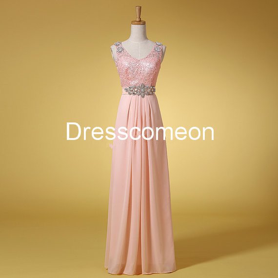 Custom Made A-line V-neck Straps Sequin Top Long Homecoming Dress, Beading Belt Prom Dress