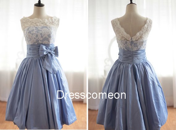 Elegant A-line Bateau Blue Taffeta Homecoming Dress, Short Bowknot Homecoming Dress