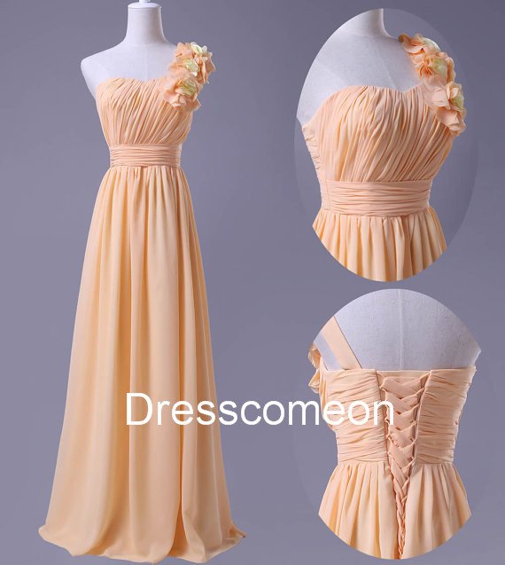 A-line One-shoulder Flower Chiffon Long Homecoming Dress, Long Bridesmaid Dress